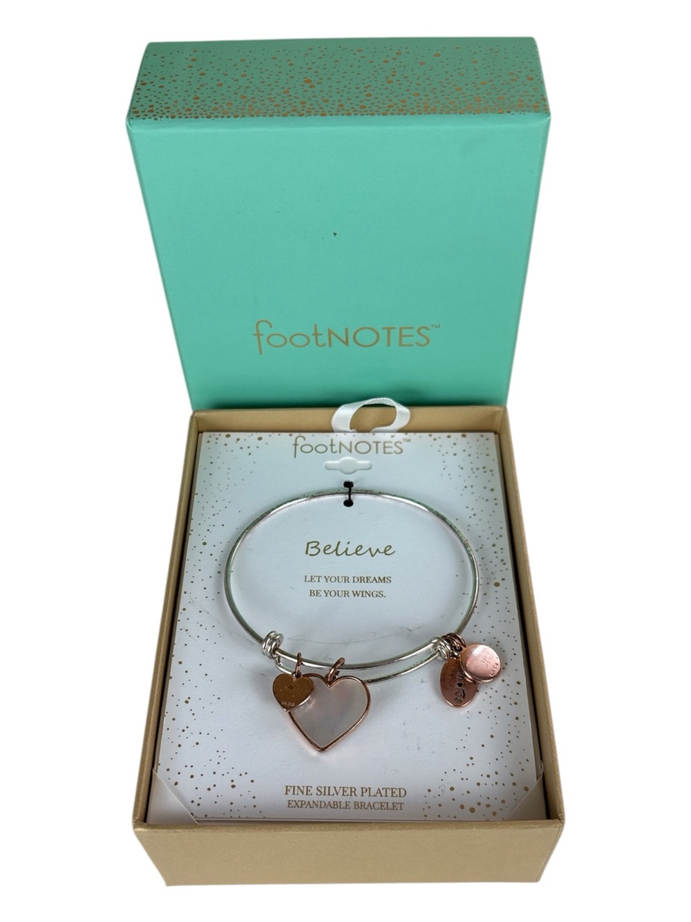 Boho Silver-Plated Expandable Bracelet with Rose Gold Heart Charm - Believe